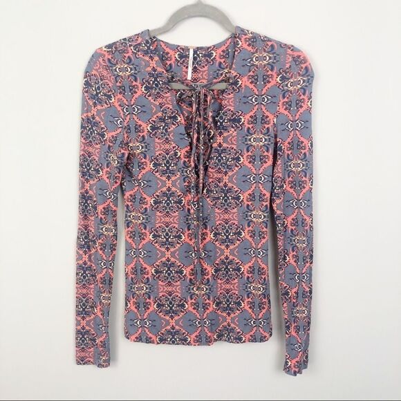 FREE PEOPLE | Blue & Orange Print Lace Up Front Top Long Sleeve Women’s Size XS - Picture 1 of 7